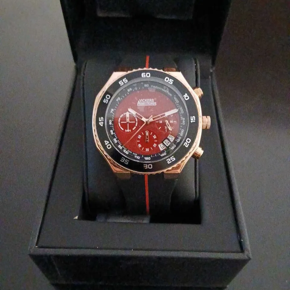 VICKERS ARMSTRONGS CHRONOGRAPH WATCH – BLACK BEZEL, RED DIAL, RUBBER STRAP 