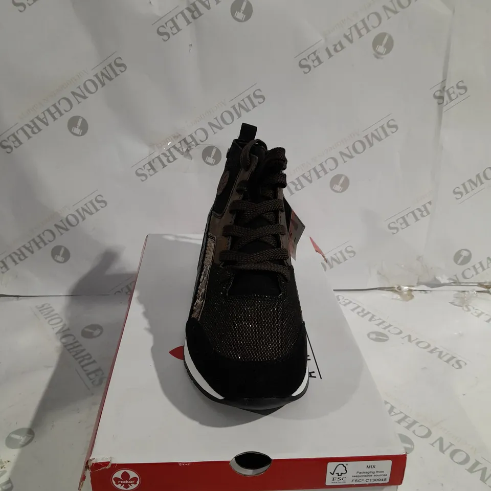 BOXED PAIR OF RIEKER HIGH TOP MIX MATERIAL TRAINER BOOTS UK SIZE 6.5