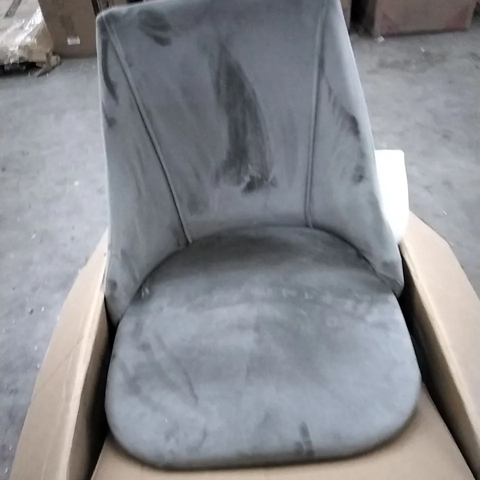 A BOXED PAIR OF SOFT VELVET UPHOLSTERED DINING ROOM CHAIRS 