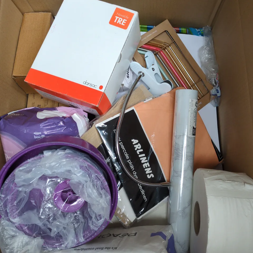 APPROXIMATELY 20 ASSORTED HOUSEHOLD PRODUCTS TO INCLUDE NAPPIES, STRAWS, BED LINEN ETC