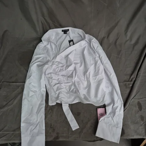 PRETTYLITTLETHING WHITE WRAP-FRONT SHIRT, UK 12 (EU 40, US 8)