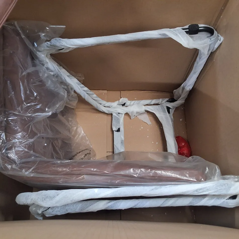 PAIR OF BROWN FAUX LEATHER DINING CHAIRS WITH BLACK METAL BASE