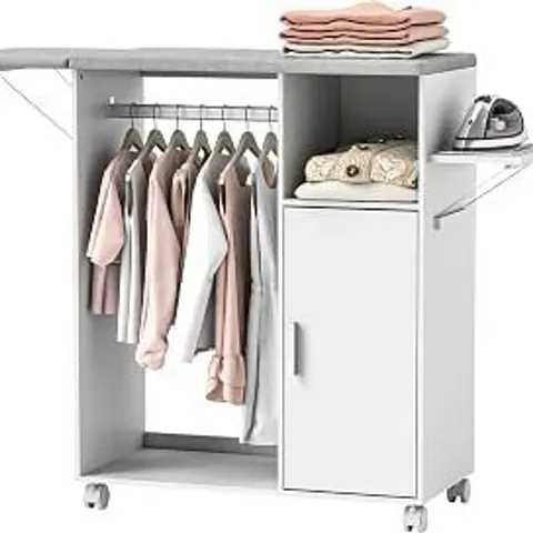 BOXED HOMCOM ROLLING IRONING BOARD CABINET FOLDABLE WITH STORAGE WHEELS WHITE
