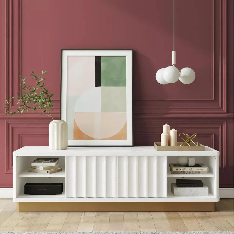 BOXED COSMOLIVING BY COSMOPOLITAN RENE MODERN SCALLOPED TV STAND FOR TVS UP TO 65", WHITE (1 BOX)