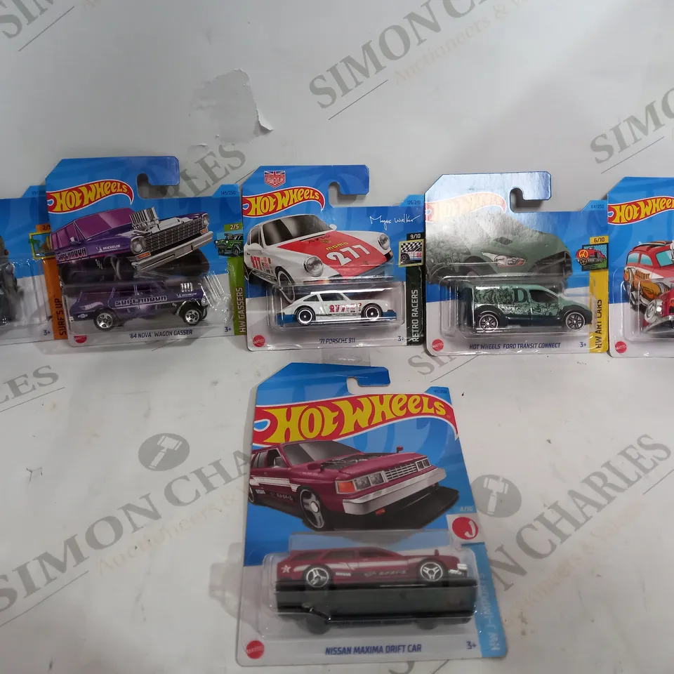 SET OF 6 HOT WHEELS CARS TO INCLUDE - NISSAN MAXIMA DRIFT CAR - 71 PORSCHE 911 - FORD TRANSIT CONNECT ETC