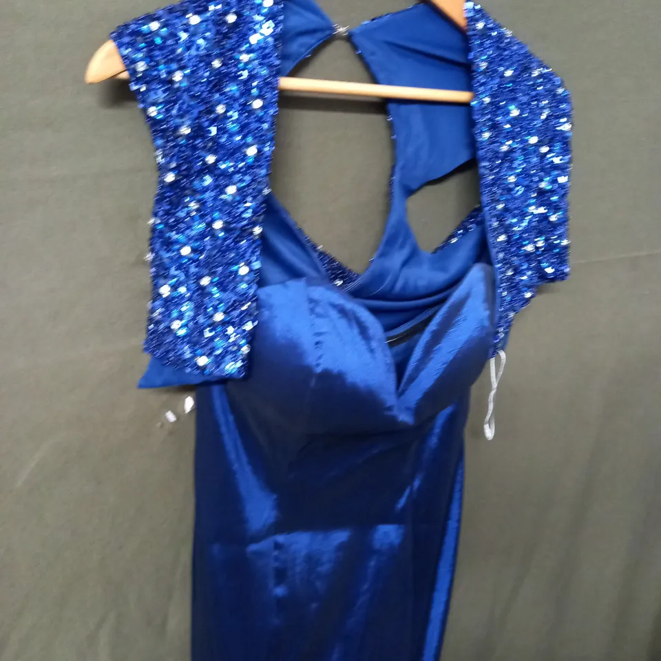 NAVY FISHTAIL OCCASIONAL DRESS WITH SEQUIN SHOULDER JACKET - SIZE UNSPECIFIED