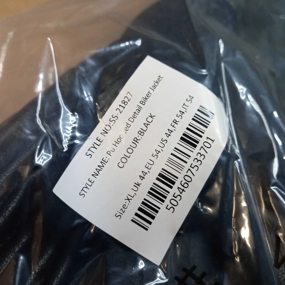 PACKAGED SILKSILK BLACK PU HOODED DETAIL BIKER JACKET - XL