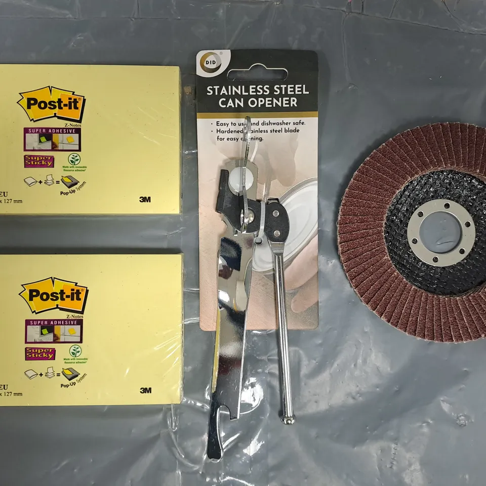 APPROXIMATELY 10 ASSORTED HOUSEHOLD ITEMS TO INCLUDE STAINLESS STEEL CAN OPENER, POST-IT NOTES, ETC