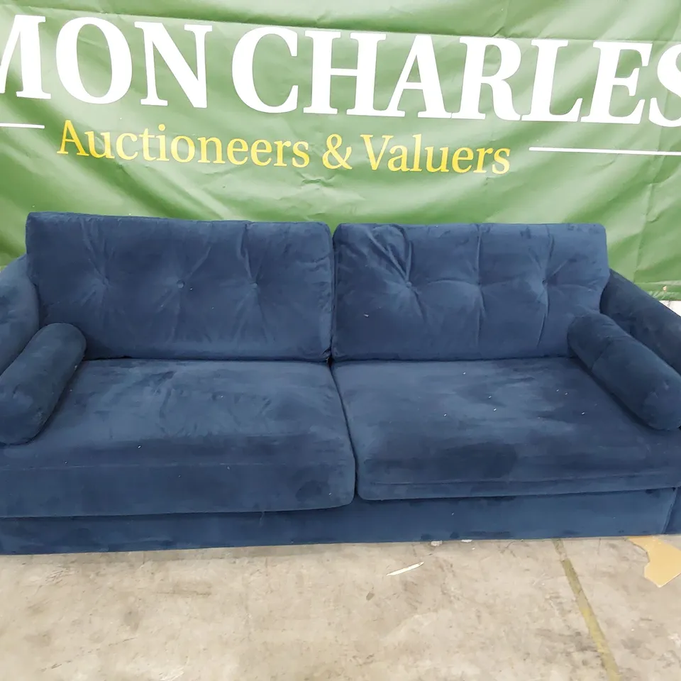 QUALITY BRITISH DESIGNER LOUNGE Co. FOUR SEATER SOFA WITH ROLL BOLSTER CUSHIONS PLUSH BLUE FABRIC 