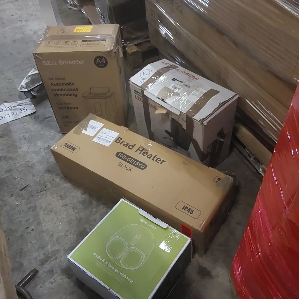PALLET OF ASSORTED HOUSEHOLD GOODS AND PRODUCTS TO INCLUDE: LEG MASSAGER, BRAD HEATER, FOOT MASSAGER, AUTOMATIC PAPER SHREDDER ECT