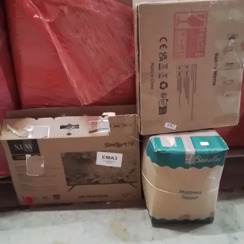 PALLET OF ASSORTED HOUSEHOLD GOODS AND PRODUCTS TO INCLUDE;LED TV,MATTRESS TOPPER,VANITY MIRROR 