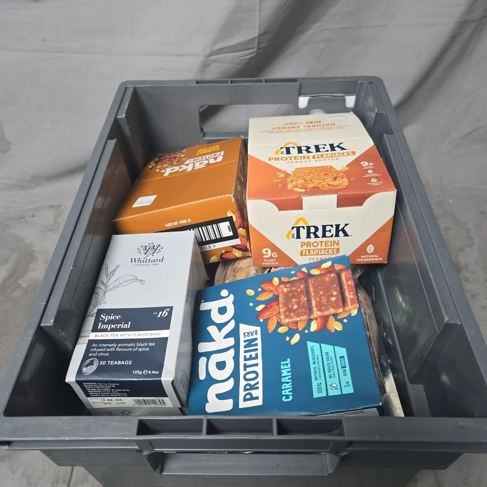APPROXIMATELY 7 ITEMS OF ASSORTED FOOD AND DRINK ITEMS INCLUDING COOL HOG SCRATCHINGS, TREK PROTEIN FLAPJACKS, WHITTARD SPICE IMPERIAL TEA AND NAKD PROTEIN BARS