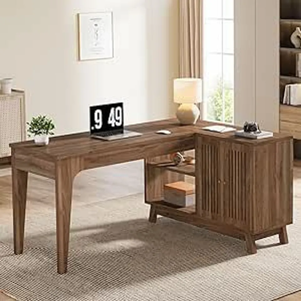 BOXED TRIBESIGNS L-SHAPED DESK WITH STORAGE CABINET, 57-INCH WOOD CORNER WORKSTATION, HOME OFFICE COMPUTER DESK, STUDY WRITING TABLE (WALNUT)