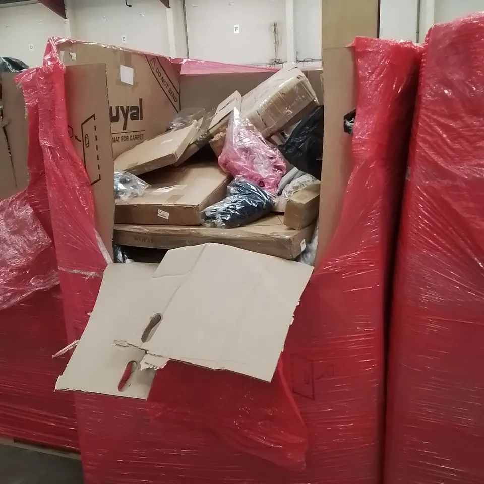 PALLET OF ASSORTED HOUSEHOLD GOODS AND PRODUCTS TO INCLUDE; SCOOTER, INDOOR GRILL, WELLIES, BOXED FURNITURE ETC