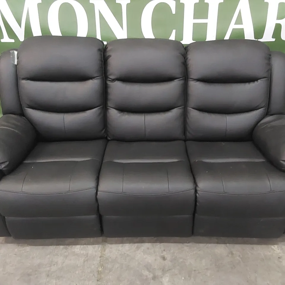 DESIGNER 3 SEATER MANUAL RECLINER LEATHER SOFA - BLACK