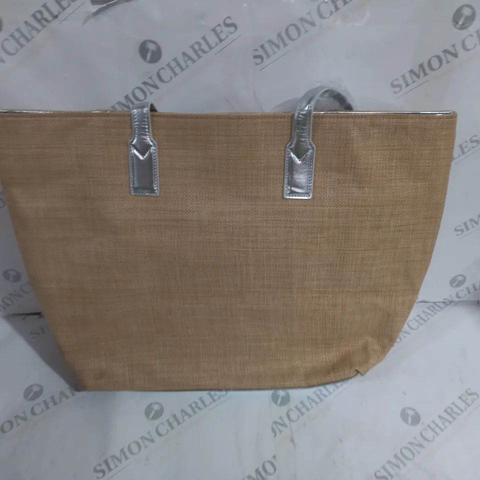 RUTH LANGSFORD BEIGE BEACH TOTE BLACK INTERIOR AND SILVER ACCENTS AND SILVER PURSE INCLUDED