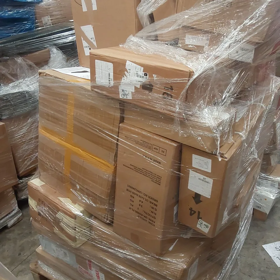 PALLET CONTAINING VARIOUS ASSORTED BOXED ITEMS TO INCLUDE,  PORTABLE TROLLY RACKS, SEVERAL KIDS BICYCLES, LARGE FILLABLE UMBRELLA BASE, AND LOTS MORE