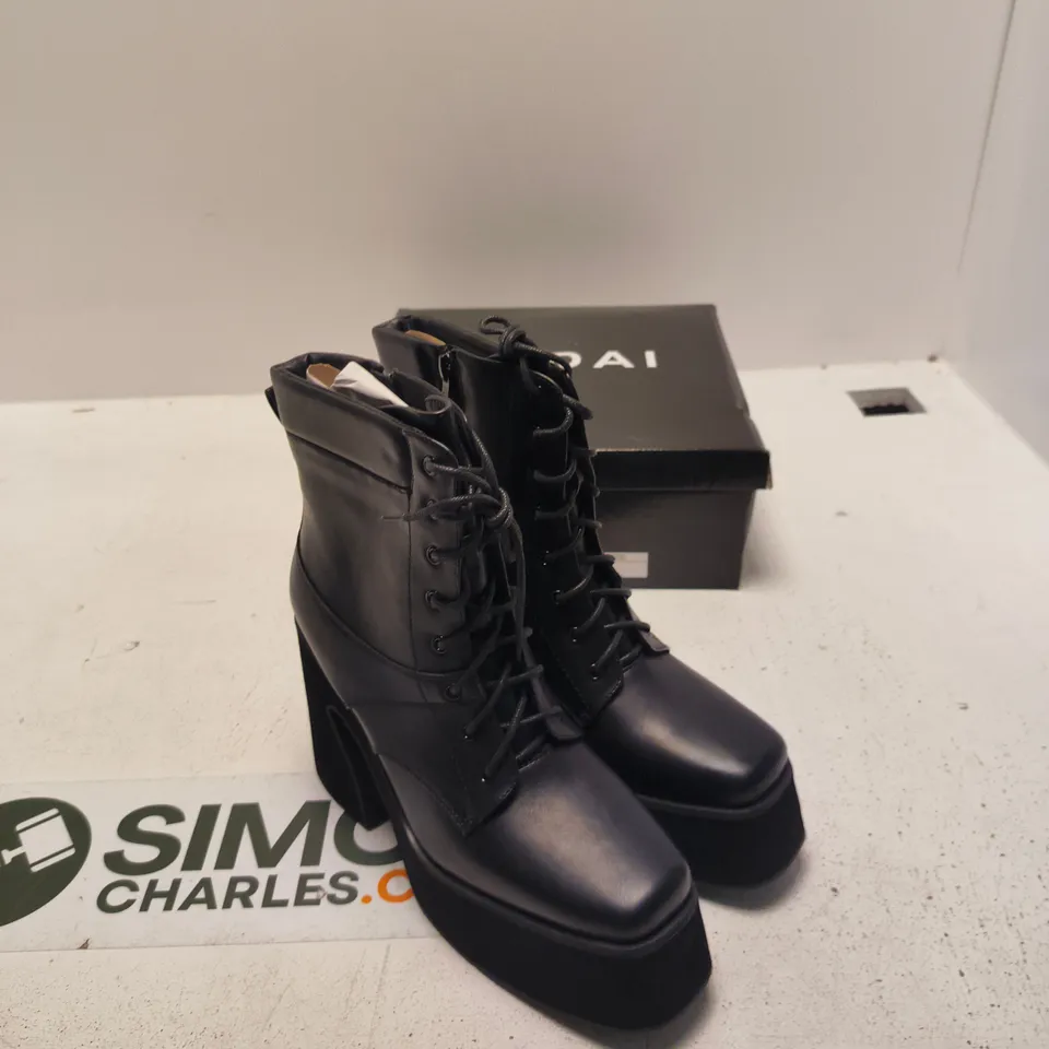 SEDAI GT24 BLACK PU LEATHER LACE-UP PLATFORM ANKLE BOOTS, UK 8 (EU 41)