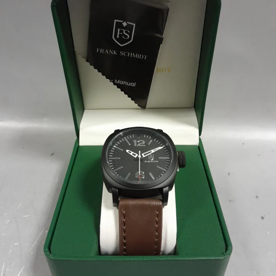 MENS FRANK SCHMIDT WATCH – LARGE BLACK CASE – BLACK PILOT DIAL – BROWN STRAP – 3ATM WATER RESISTANT