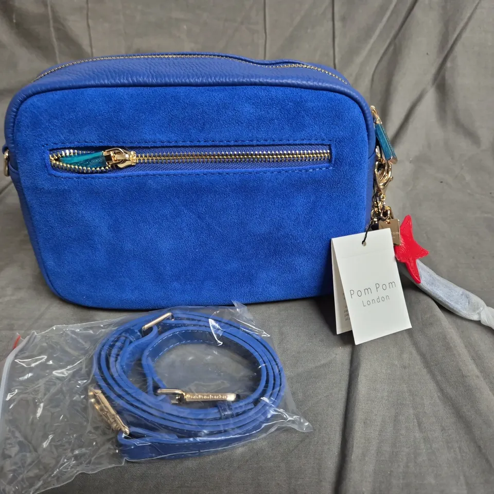 POM POM LONDON SUEDE & LEATHER BAG IN BLUE