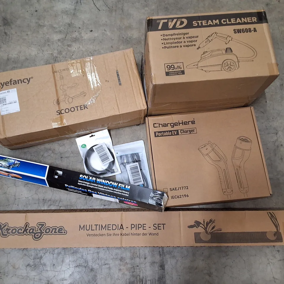 PALLET CONTAINING ASSORTED PRODUCTS INCLUDING STEAM CLEANER, SCOOTER, PORTABLE EV CHARGER, USB CABLES, SOLAR WINDOW FILM & MULTIMEDIA PIPE SET