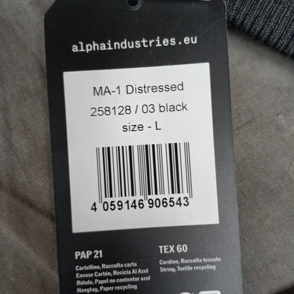 ALPHA INDUSTRIES MA-1 DISTRESSED BOMBER JACKET – BLACK, SIZE L