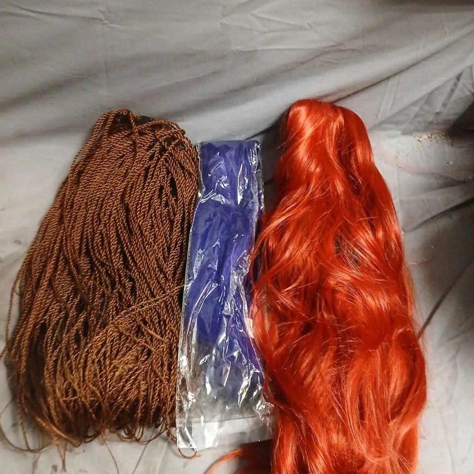 BOX OF APPROXIMATELY 15 HAIR PIECES AND WIGS ASSORTED COLOURS, LENGTH AND STYLES