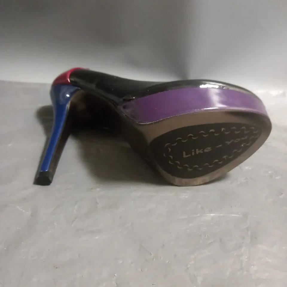 LIKE YOU LADIES HIGH HEELED SHOES MULTI-COLOURED PATENT SIZE EU 36