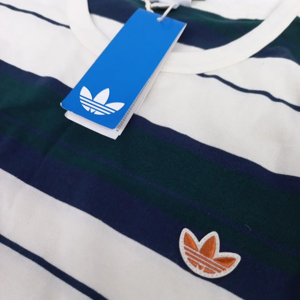 ADIDAS STRIPE CREWNECK T‑SHIRT – WHITE & NAVY, UK L 