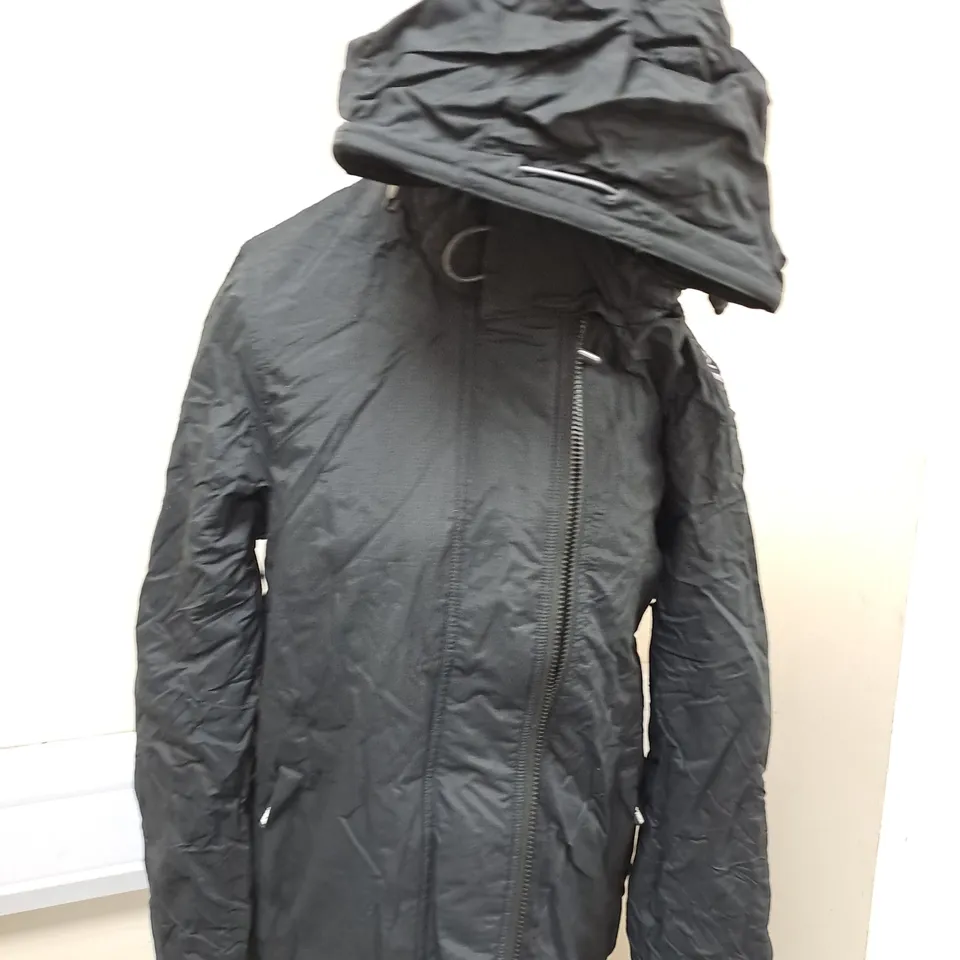 BLACK SUPERDRY HOODIED COAT SIZE L