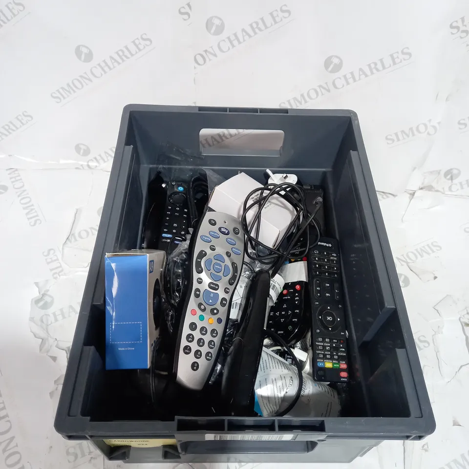 LARGE QUANTITY OF ASSORTED ELECTRICAL PRODUCTS AND ACCESSORIES TO INCLUDE; REMOTES , PLUGS AND CABLES 
