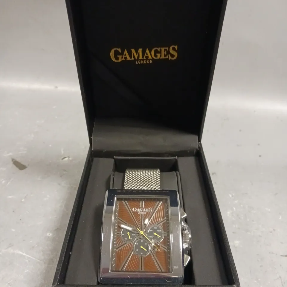 GAMAGES EXCLUSIVE BROWN DIAL STAINLESS STEEL CASE WATCH 