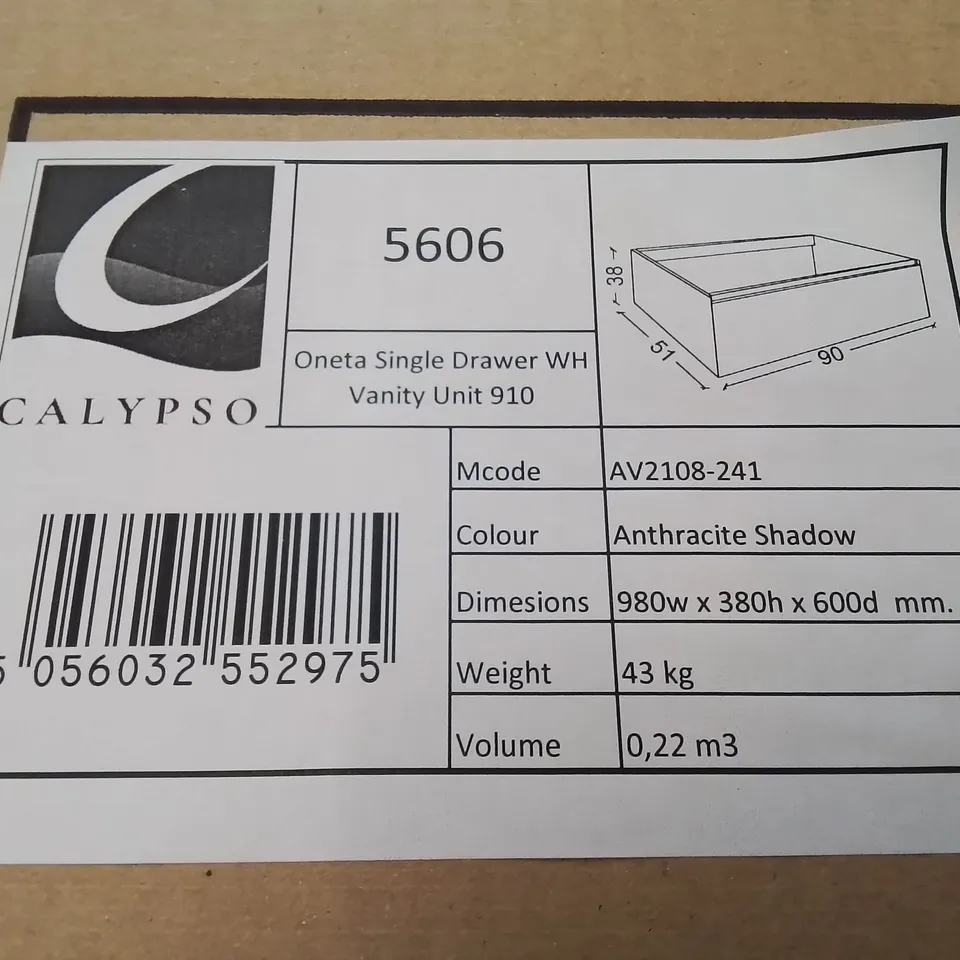 BOXED CALYPSO ONETA SINGLE DRAWER WH VANITY UNIT 910 IN ANTHRACITE SHADOW - 980X380X600MM