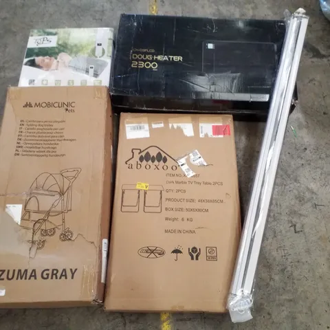 PALLET CONTAINING ASSORTED PRODUCTS INCLUDING FOLDING DOG TROLLEY, HEATED THROW, DARK MARBLE TV TRAY TABLES, ROLLER BLIND & DOUG HEATER