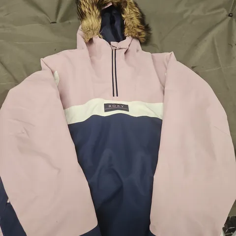 ROXY GIRL COLOUR-BLOCK PADDED JACKET WITH FAUX FUR HOOD – PINK/NAVY SIZE 14
