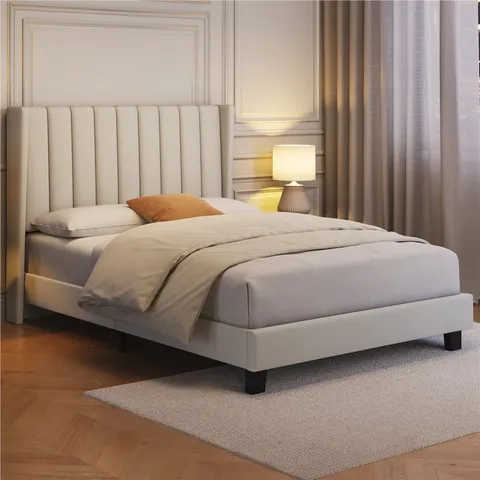 BOXED YAHEETECH UPHOLSTERED BED FRAME WITH CHANNEL TUFTED HEADBOARD - 135CM DOUBLE, BEIGE (2 BOXES)