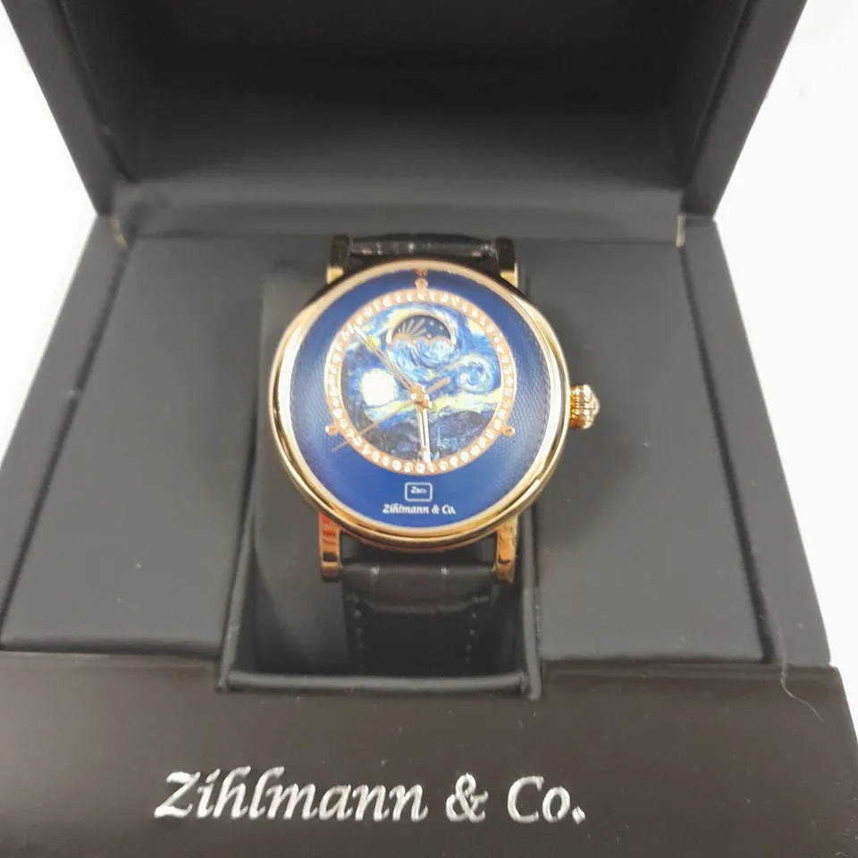 MENS ZIHLMANN & CO AUTOMATIC WATCH – Z150 – MOONPHASE DIAL – GLASS EXHIBITION BACKCASE - SILVER COLOUR CASE – BLACK LEATHER STRAP
