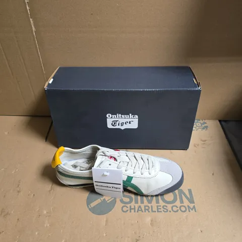 ONITSUKA TIGER SNEAKERS – WHITE/GREY WITH GREEN STRIPES, YELLOW HEEL TAB, BOXED - UK SIZE 5.5 