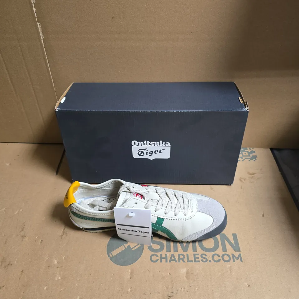 ONITSUKA TIGER SNEAKERS – WHITE/GREY WITH GREEN STRIPES, YELLOW HEEL TAB, BOXED - UK SIZE 5.5 