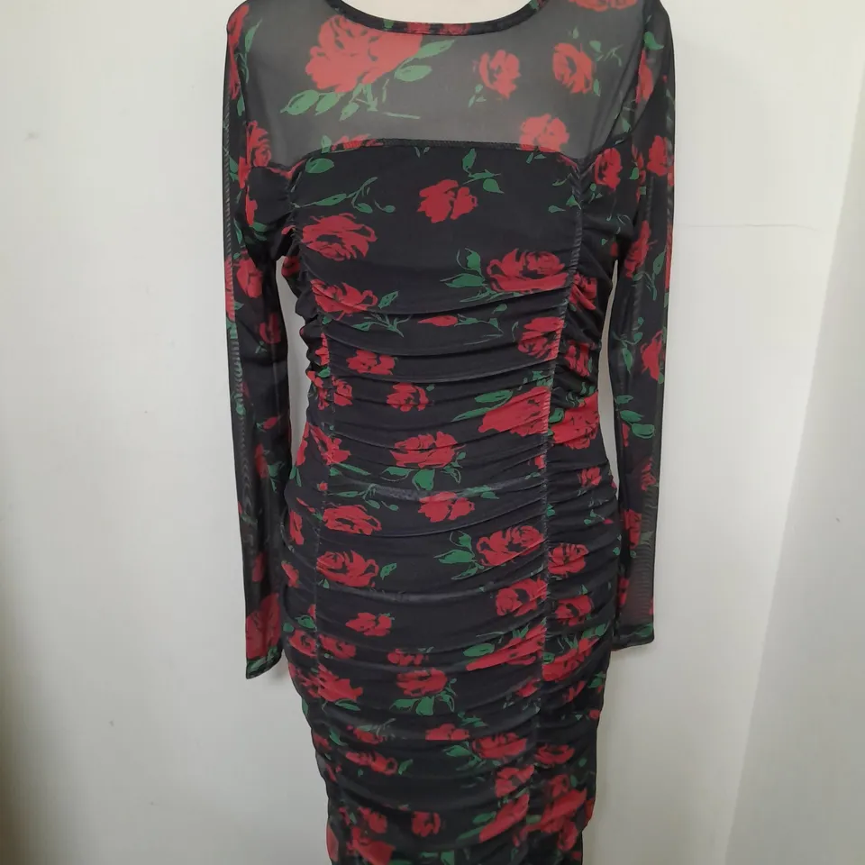 WOMAN BLACK FLORAL PRINT MESH MIDI RUCHED DRESS SIZE 14