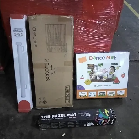 PALLET OF HOUSEHOLD ITEMS TO INCLUDE RETRACTABLE SAFETY GATE,SCOOTER,DANCE MAT,PUZZLE MAT AND OTHER ASSORTED ITEMS..L