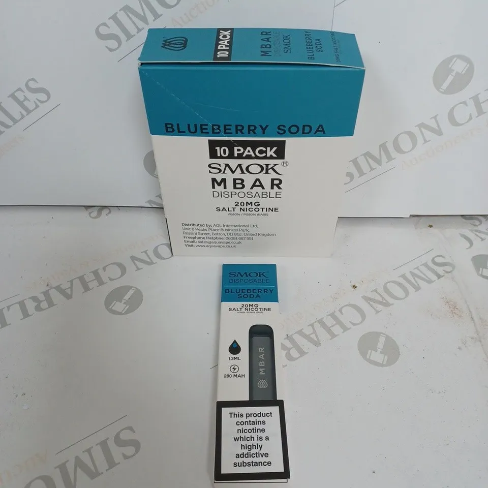 BOX OF APPROXIMATELY 10 BOXES OF BLUEBERRY SODA 10 PACK SMOK M BAR DISPOSABLE 20MG SALT NICOTINE