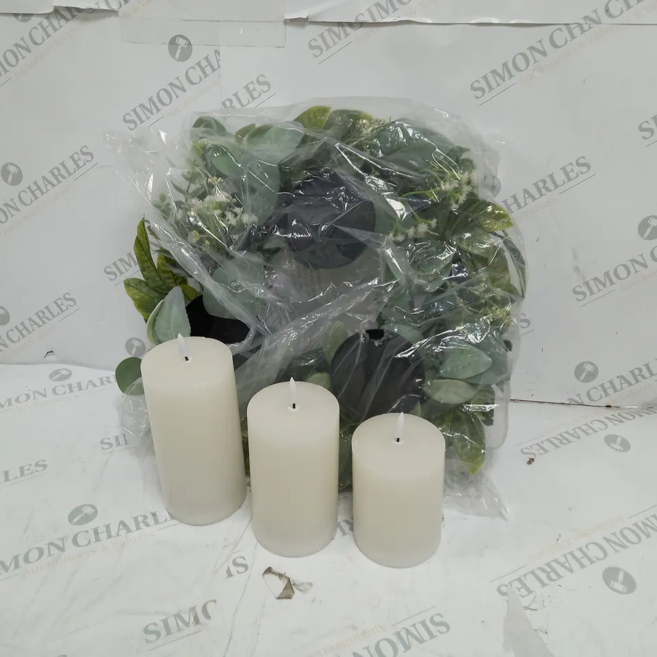 BOXED HOME REFLECTIONS 3 IN 1 FLAMELESS CANDLE WITH WREATH SET - SAGE