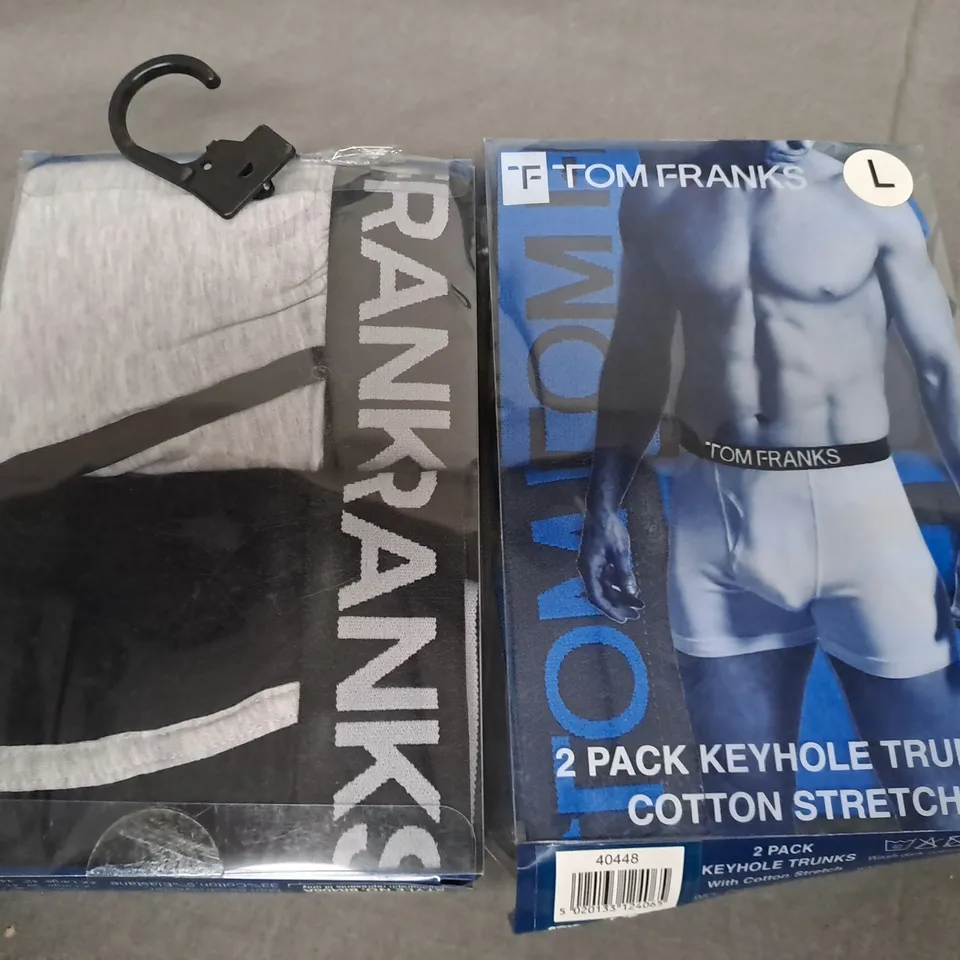 BOX OF APPROXIMATELY 20 PACKS OF TOM FRANKS BOXER SHORTS SIZES VARY