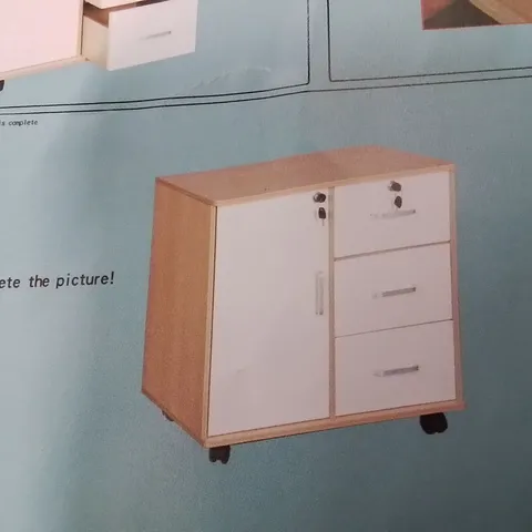 BOXED ONE DOOR 3 DRAWER CABINET ON WHEELS