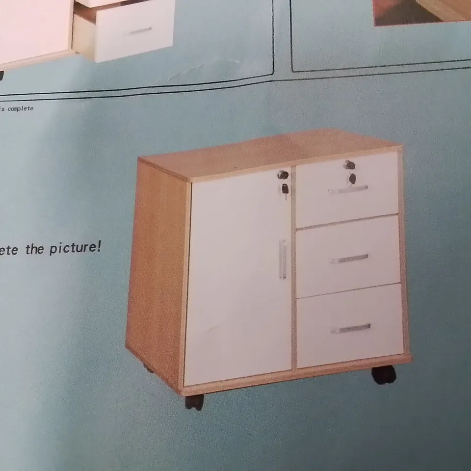 BOXED ONE DOOR 3 DRAWER CABINET ON WHEELS