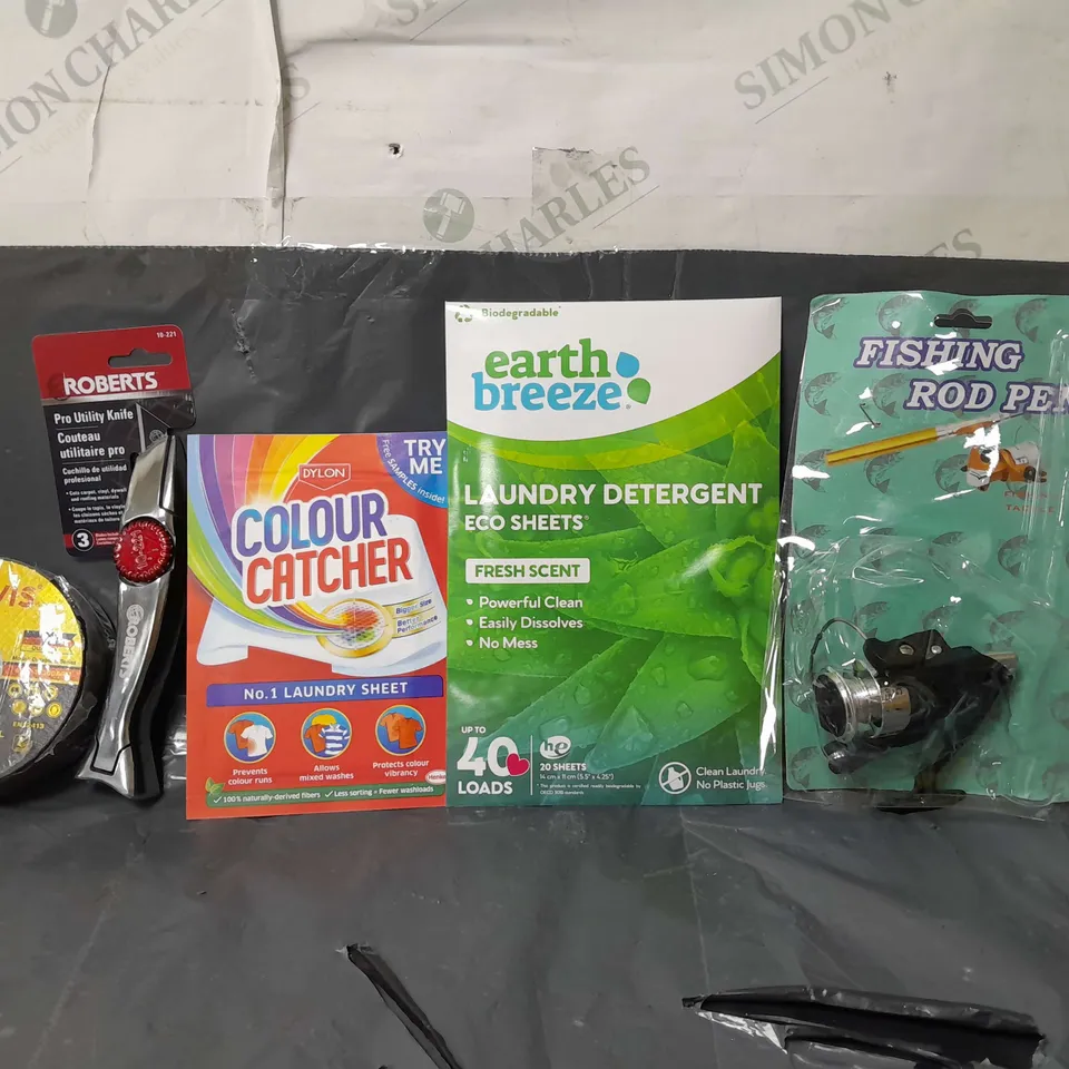 BOX OF APPROXIMATELY 14 ASSORTED ITEMS TO INCLUDE - FISHING ROD PEN , EARTH BREEZE LAUNDRY DETERGENT FRESH SCENT , COLOUR CATCHER ETC