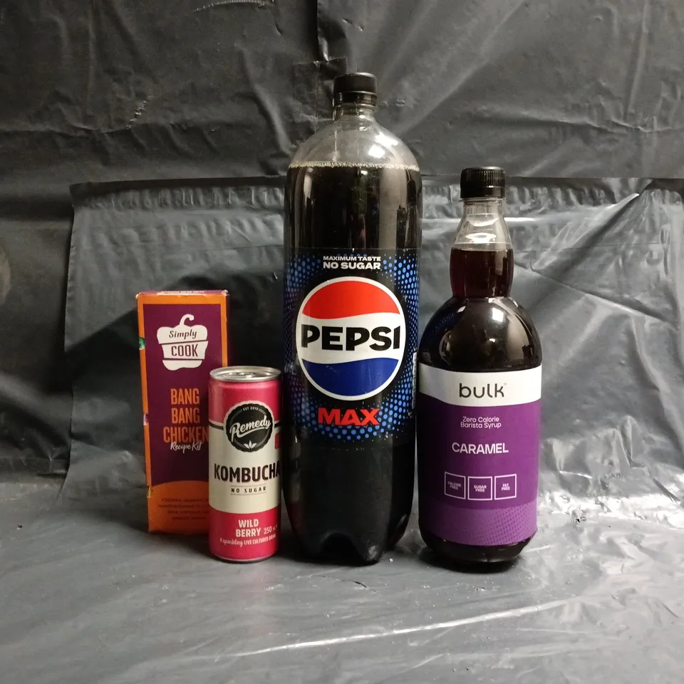 APPROXIMATELY 5 ASSORTED FOOD AND DRINK ITEMS TO INCLUDE PEPSI MAX, KOMBUCHA, ETC