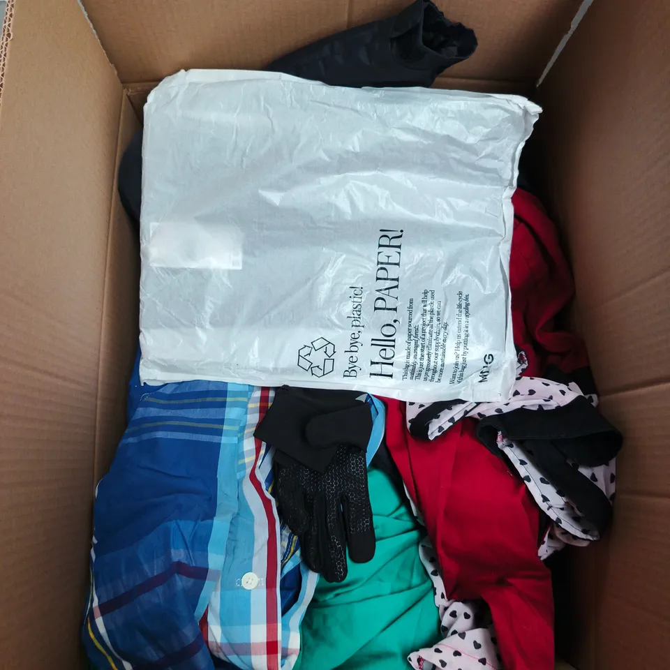 LARGE BOX OF APPROXIMATELY 25 ASSORTED CLOTHING ITEMS IN VARIOUS COLOURS, STYLES AND SIZES - COLLECTION ONLY