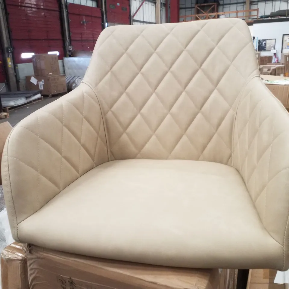 BOXED PAIR OF SOFT FAUX LEATHER UPHOLSTERED BEIGE SIDE/DINING CHAIRS.